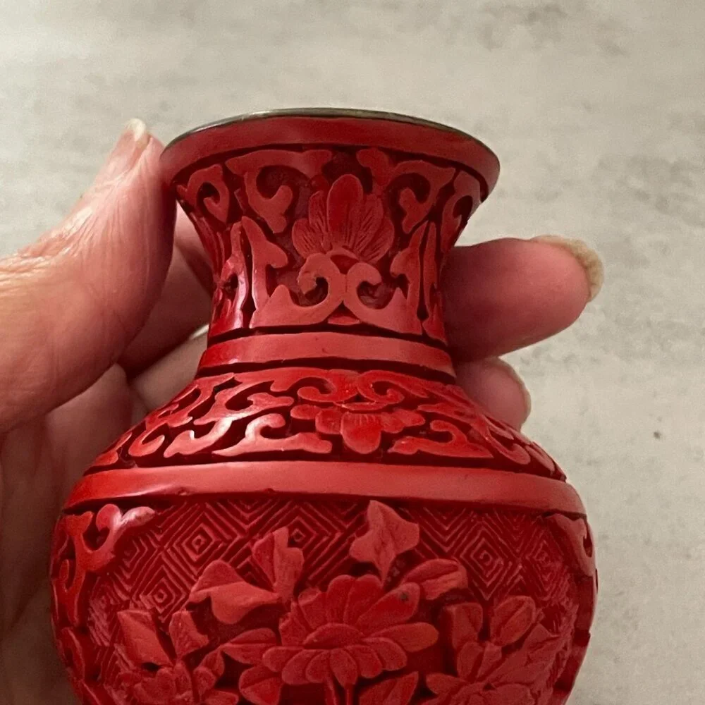 Vintage Red Cinnabar Blue Enamel Brass Hand Carved Lacquer Bud Small Vase 4.25